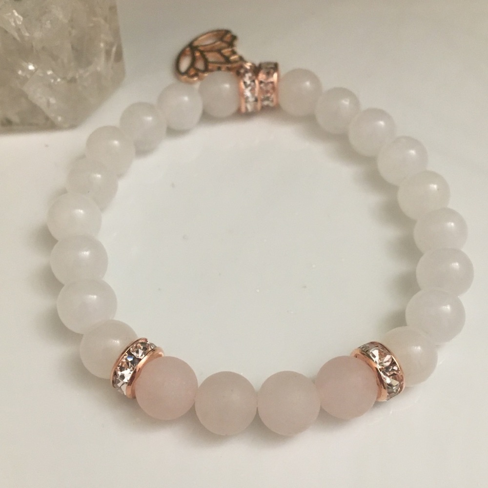 Rose Quartz White Jade Lotus Stretch Bracelet